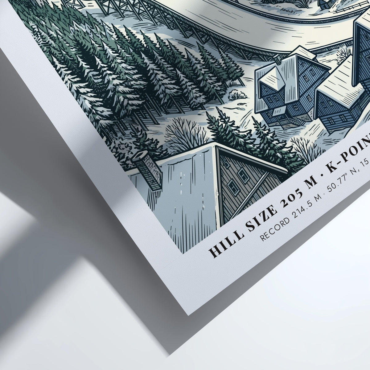 Poster of Harrachov ski jump in Czechia with an athlete flying over snowy forests.