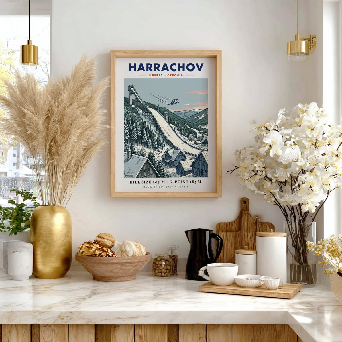 Poster of Harrachov ski jump in Czechia with an athlete flying over snowy forests.