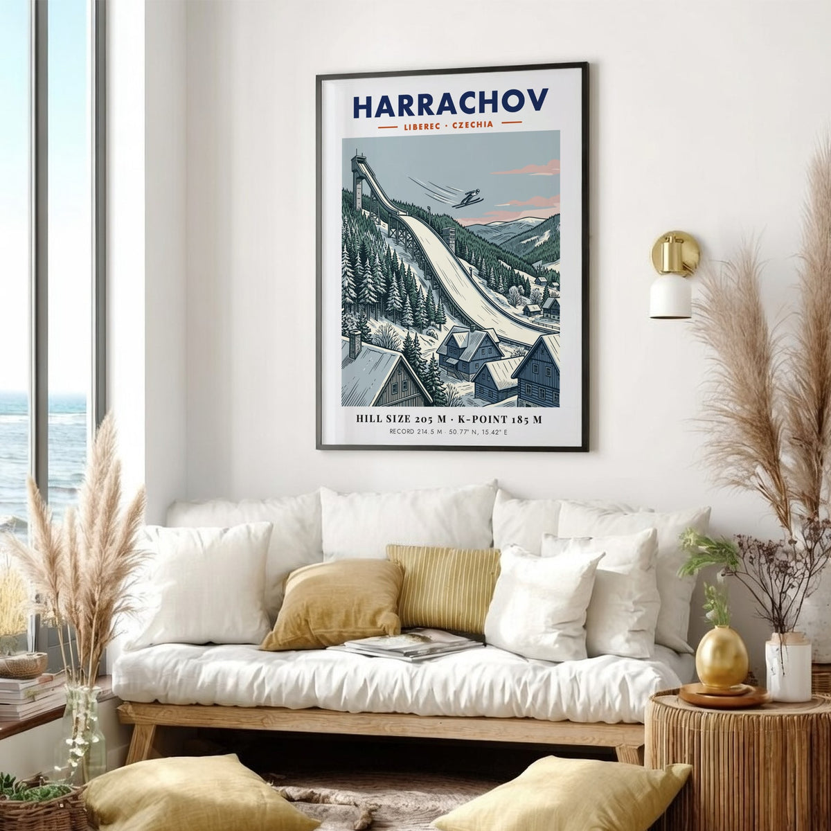 Poster of Harrachov ski jump in Czechia with an athlete flying over snowy forests.