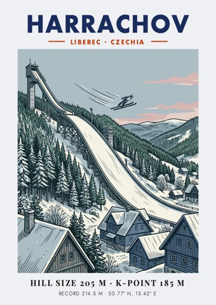 Poster of Harrachov ski jump in Czechia with an athlete flying over snowy forests.