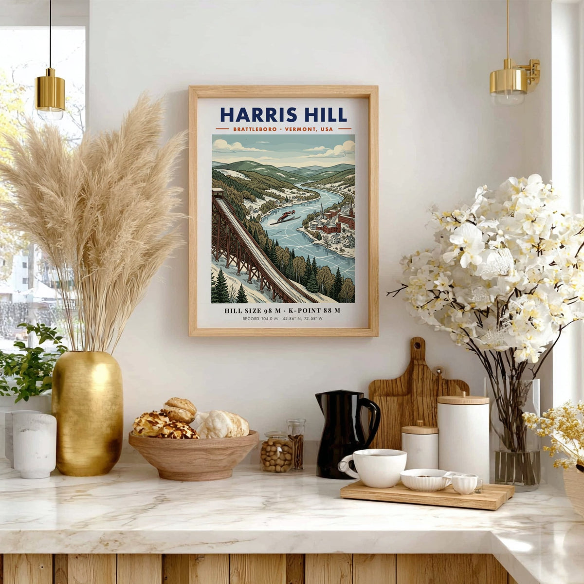 Vintage style poster of Harris Hill ski jump in Brattleboro Vermont during winter