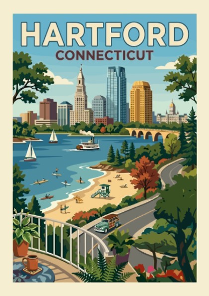 Vintage-style Hartford Connecticut skyline travel poster with river, beach, and sailboats in a retro color