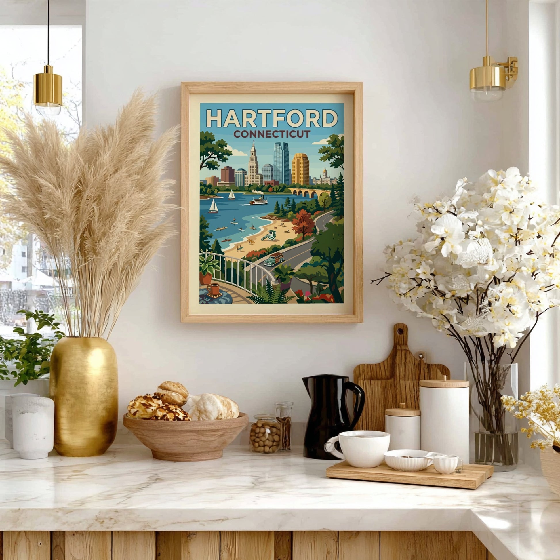 Vintage-style Hartford Connecticut skyline travel poster with river, beach, and sailboats in a retro color