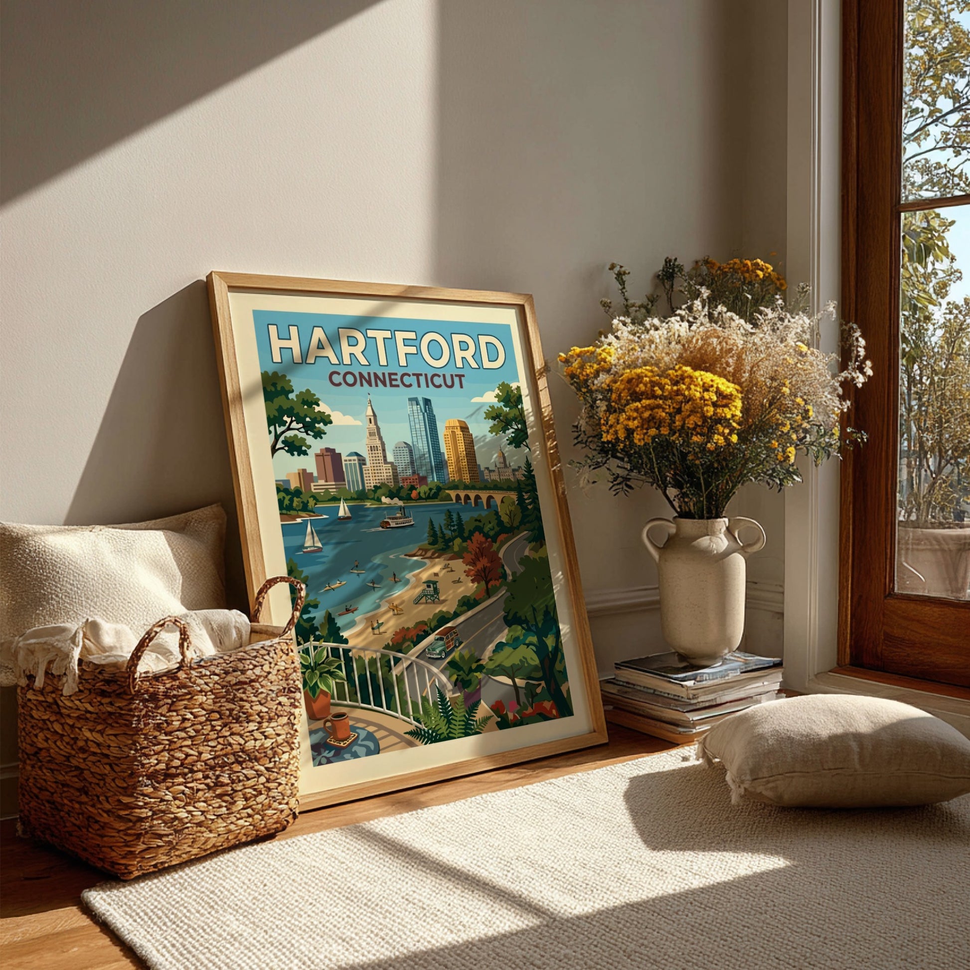 Vintage-style Hartford Connecticut skyline travel poster with river, beach, and sailboats in a retro color