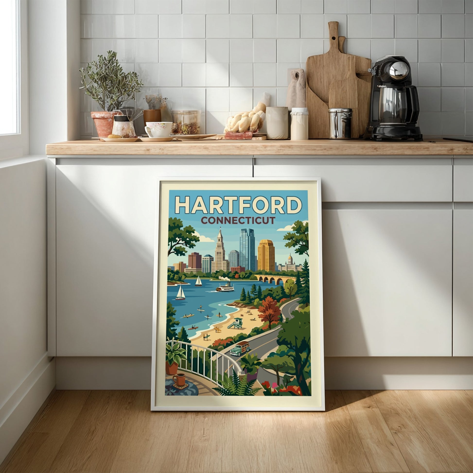 Vintage-style Hartford Connecticut skyline travel poster with river, beach, and sailboats in a retro color