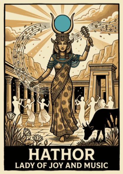 Hathor Lady of Joy and Music poster featuring Egyptian deity in sepia tones