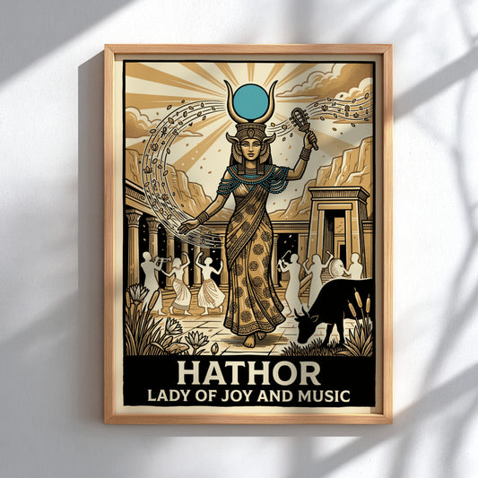 Hathor Lady of Joy and Music poster featuring Egyptian deity in sepia tones