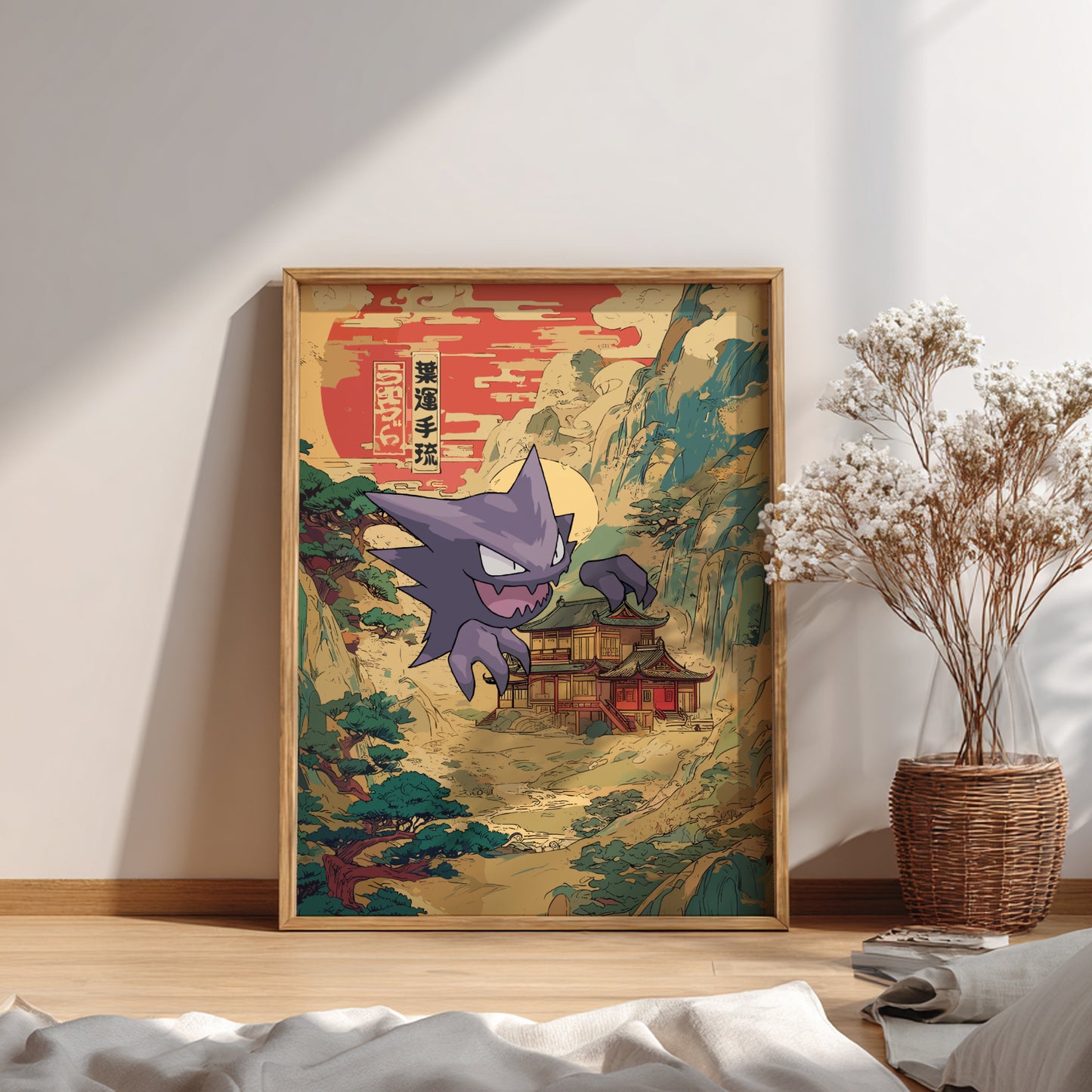 Framed artwork of Haunter Pokemon in a traditional Japanese setting on a wall.
