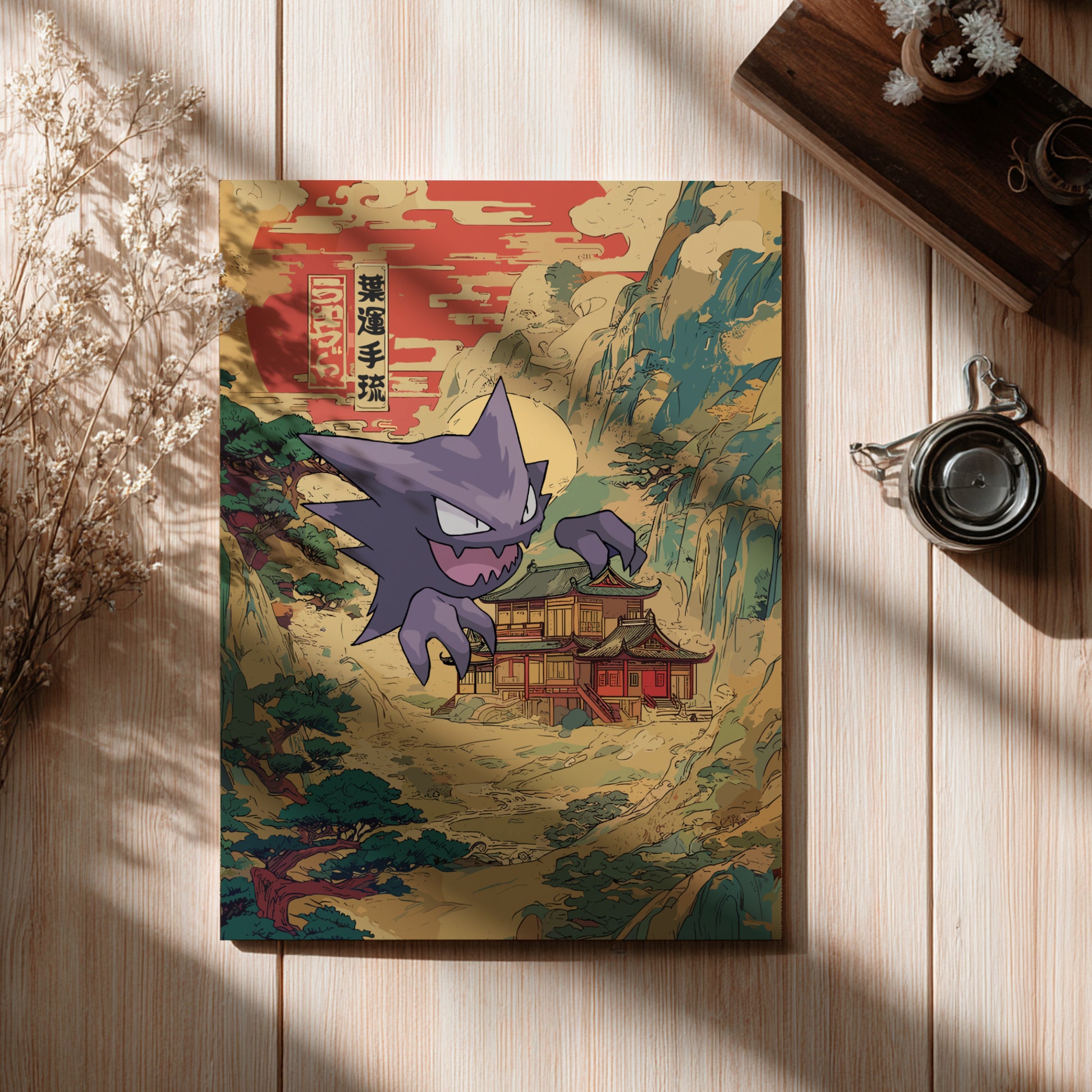 Poster with Haunter Pokemon illustration on a wooden surface