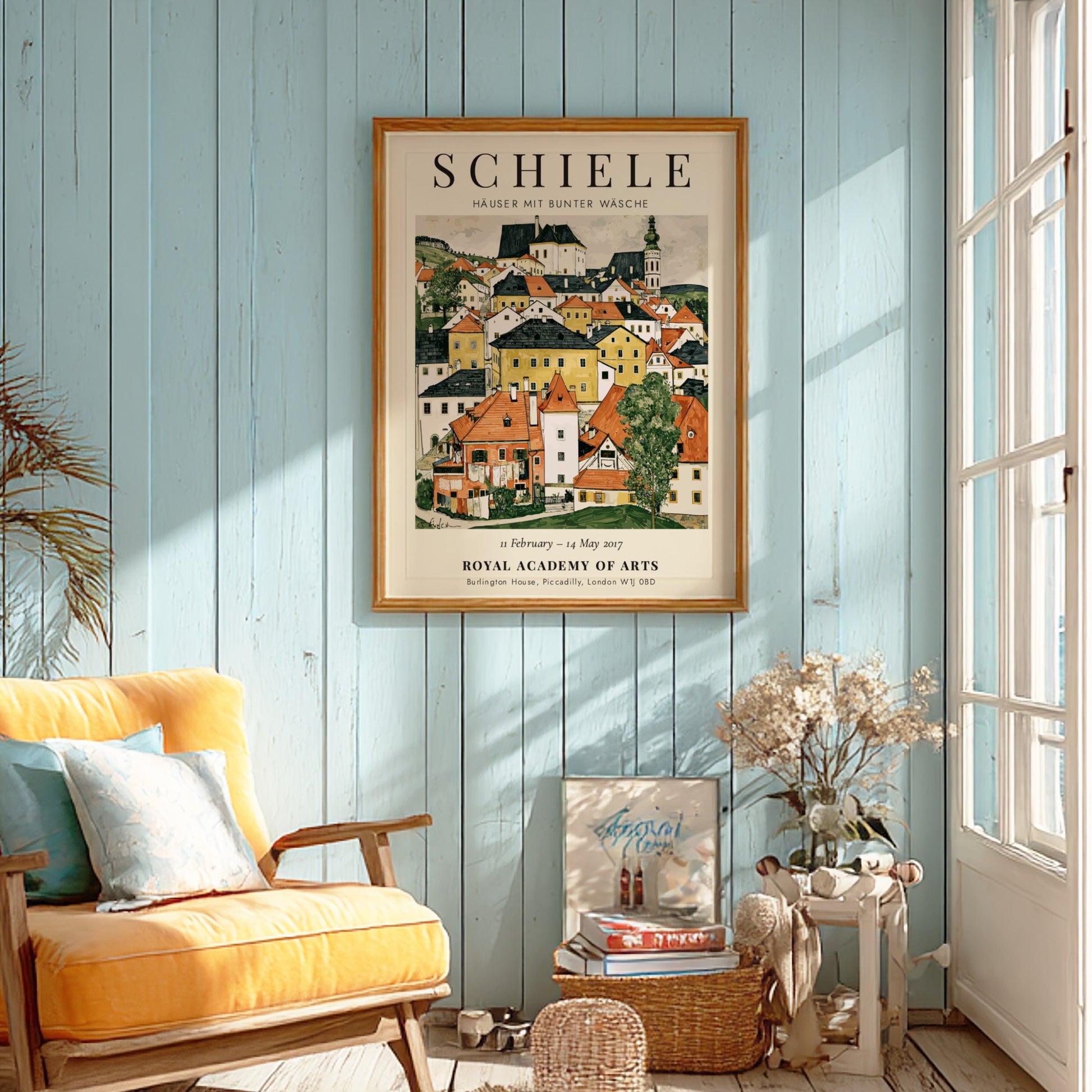 Egon Schiele poster depicting colorful houses in a village scene, showcasing vibrant colors and expressive