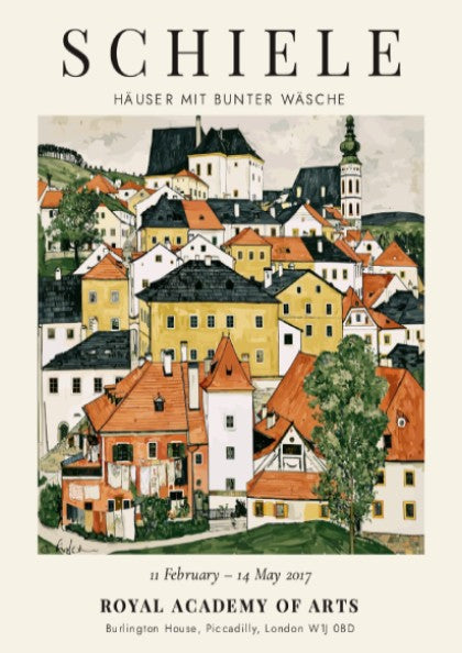 Egon Schiele poster depicting colorful houses in a village scene, showcasing vibrant colors and expressive