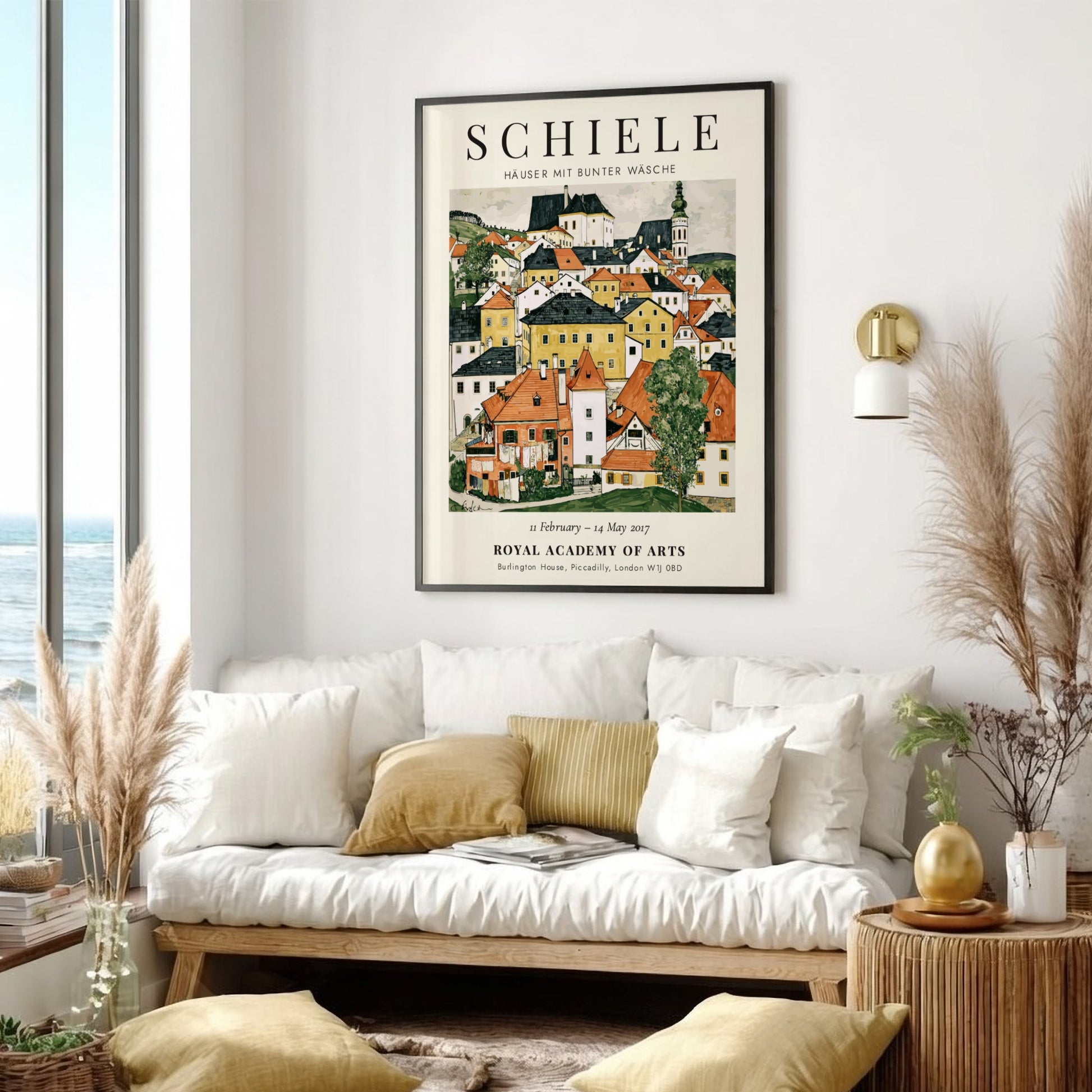 Egon Schiele poster depicting colorful houses in a village scene, showcasing vibrant colors and expressive