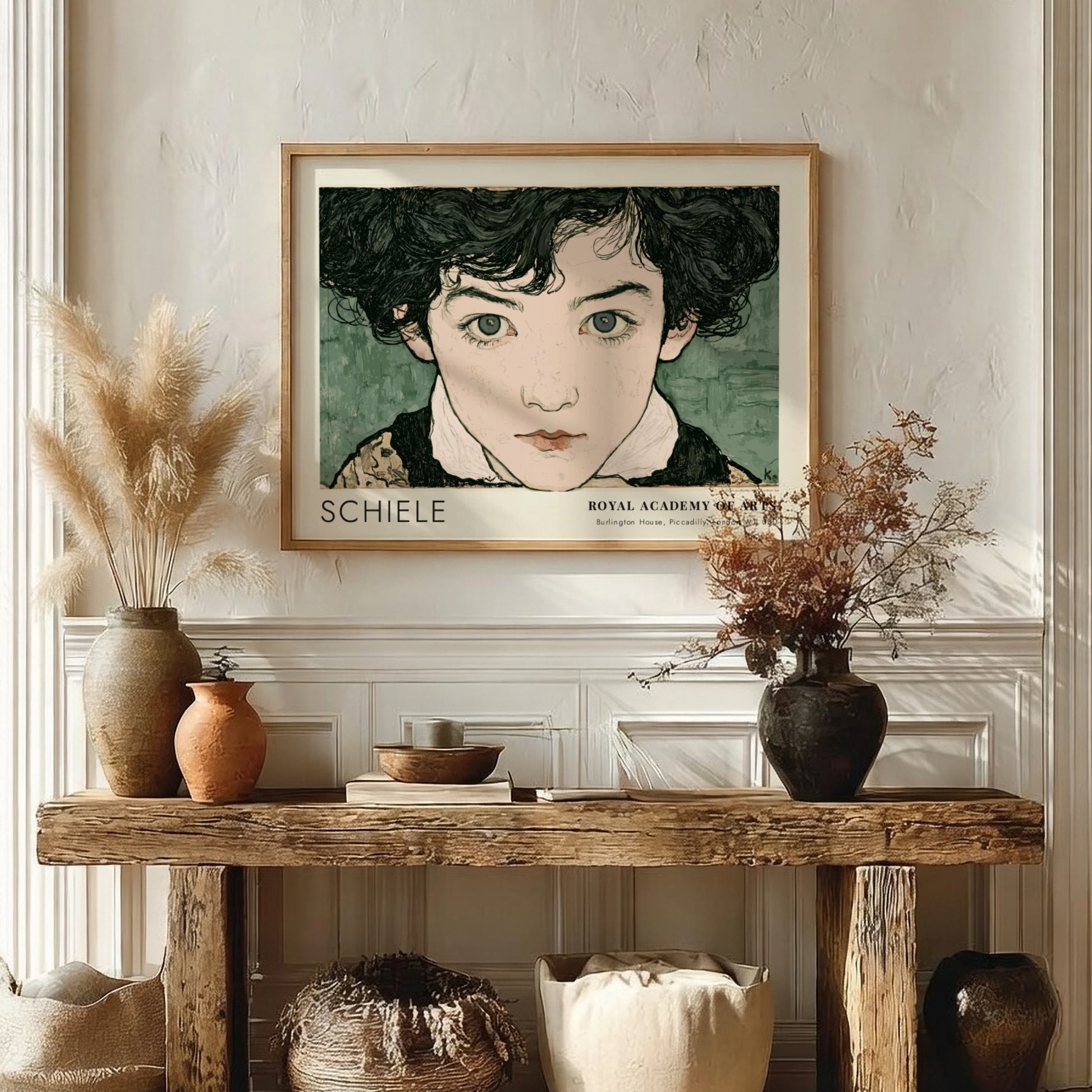Wall art poster featuring Egon Schiele portrait with intense gaze and muted green background