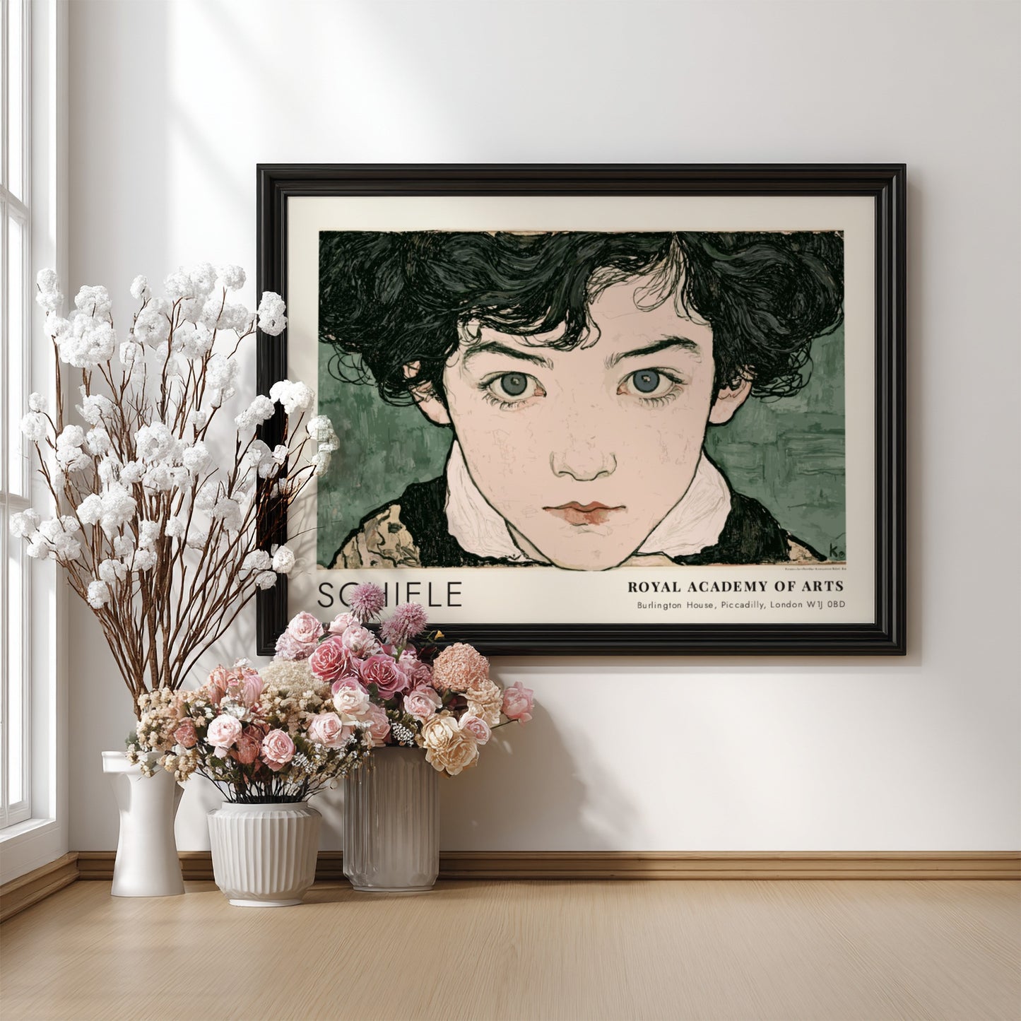 Wall art poster featuring Egon Schiele portrait with intense gaze and muted green background