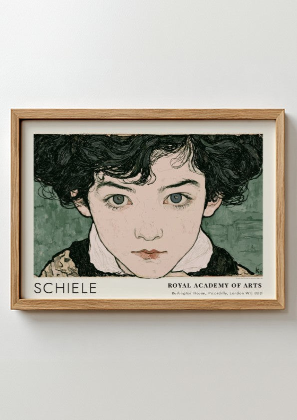 Wall art poster featuring Egon Schiele portrait with intense gaze and muted green background