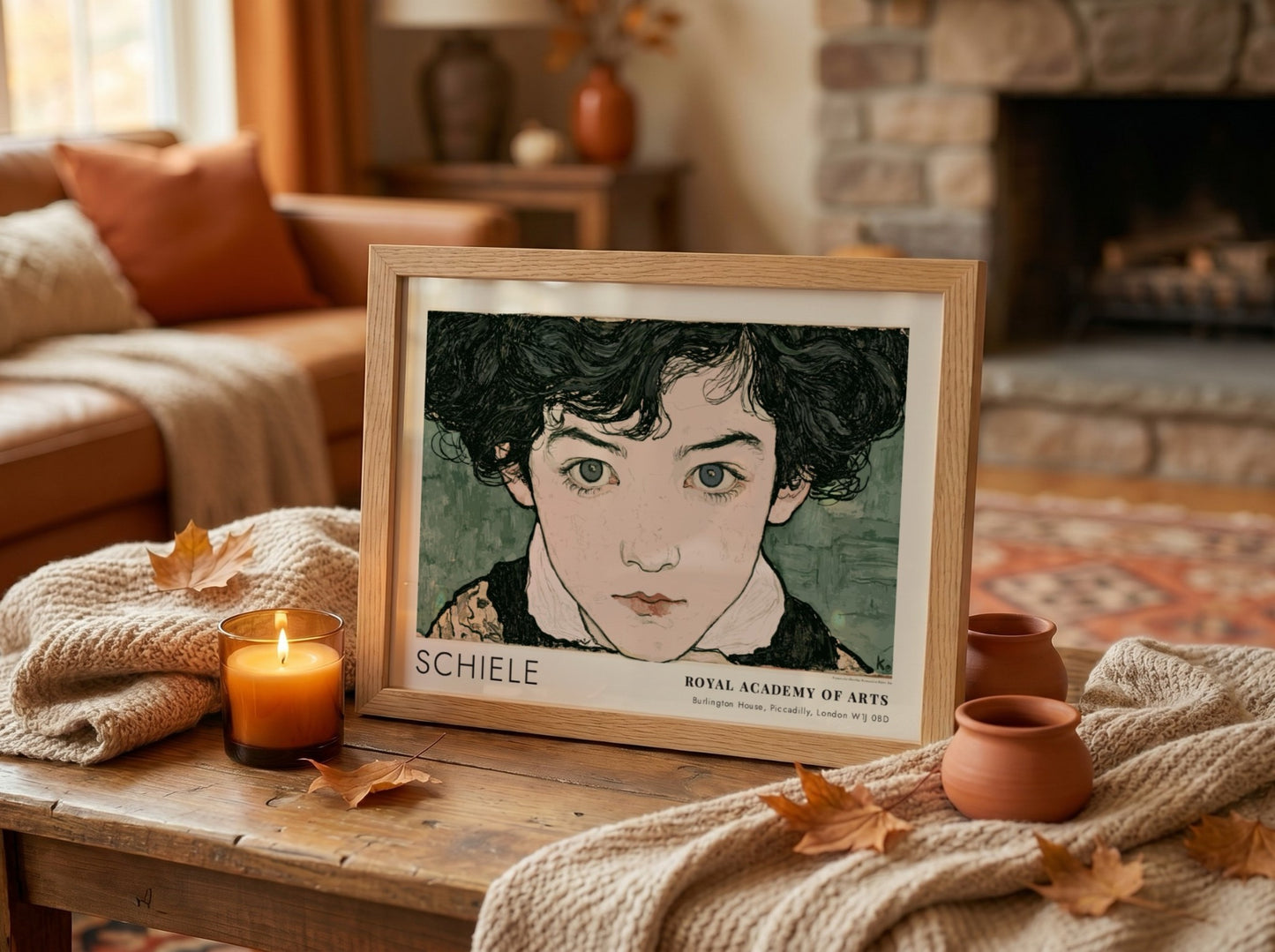 Wall art poster featuring Egon Schiele portrait with intense gaze and muted green background