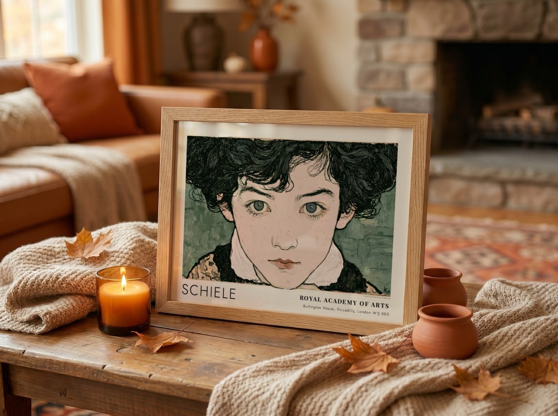 Wall art poster featuring Egon Schiele portrait with intense gaze and muted green background