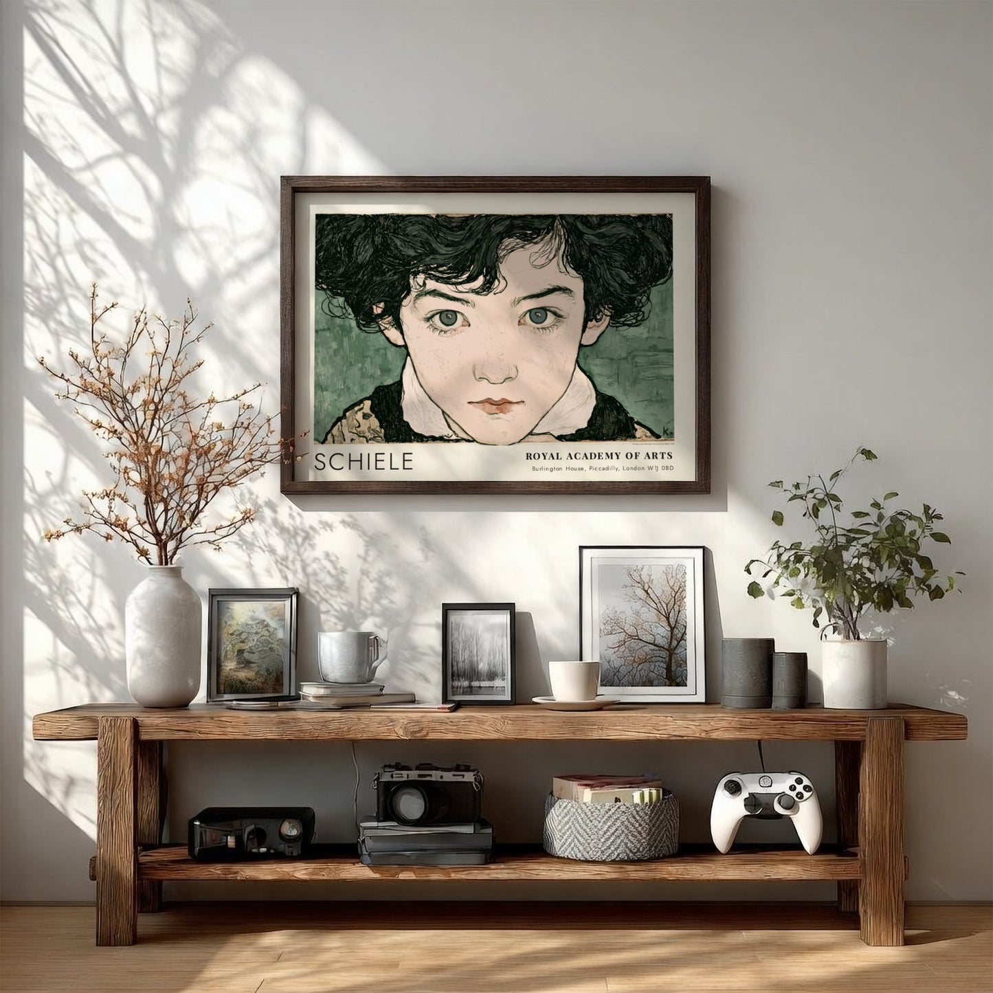 Wall art poster featuring Egon Schiele portrait with intense gaze and muted green background