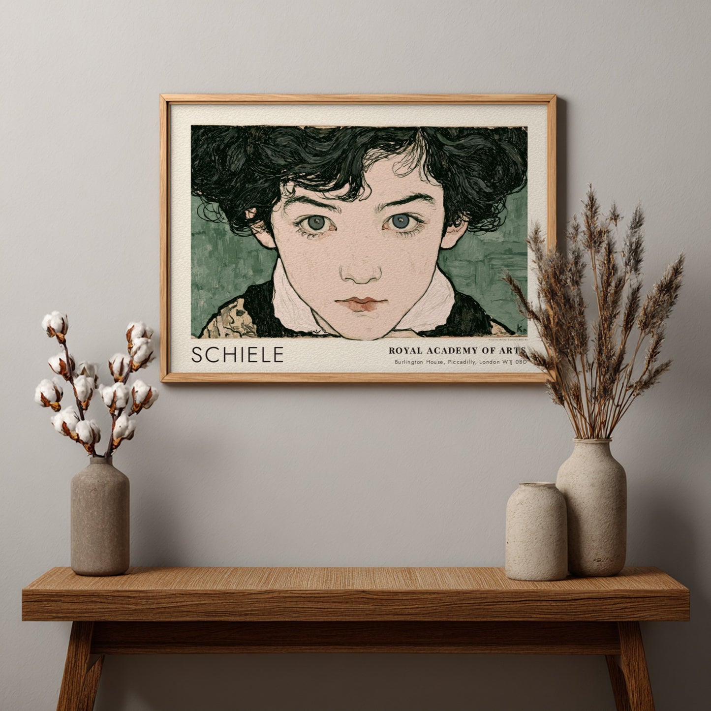 Wall art poster featuring Egon Schiele portrait with intense gaze and muted green background