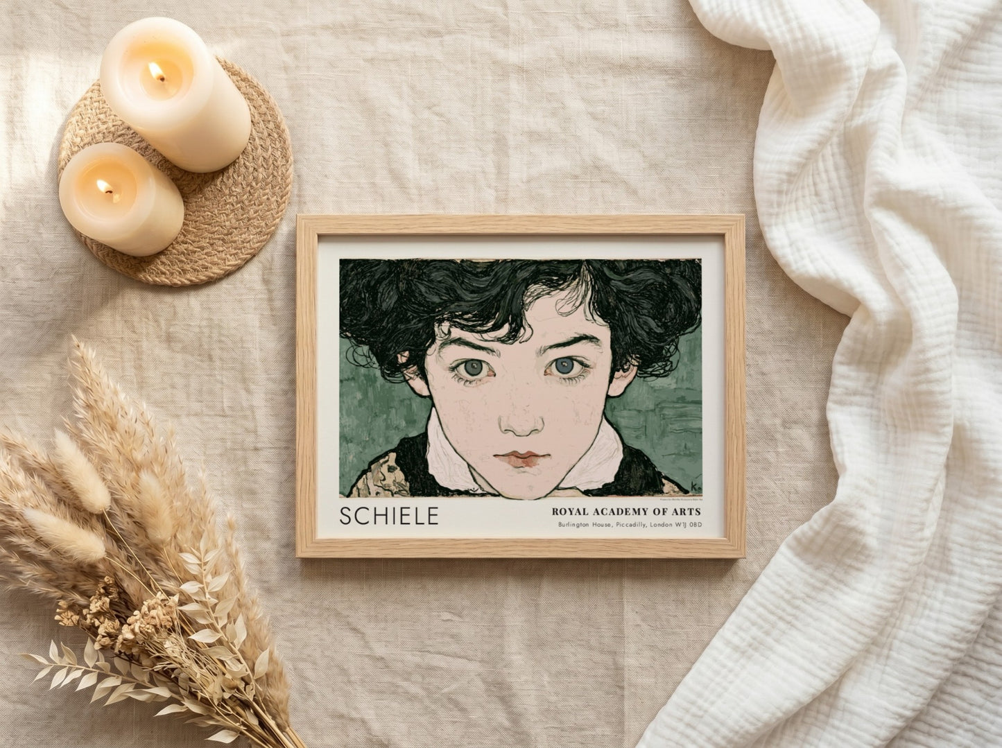 Wall art poster featuring Egon Schiele portrait with intense gaze and muted green background
