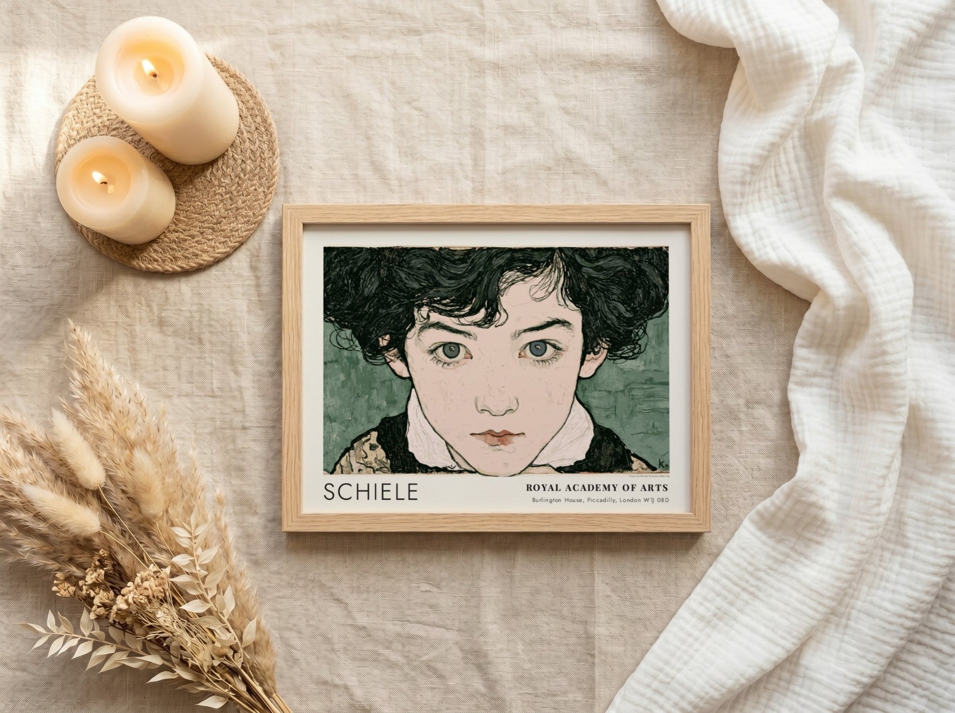 Wall art poster featuring Egon Schiele portrait with intense gaze and muted green background