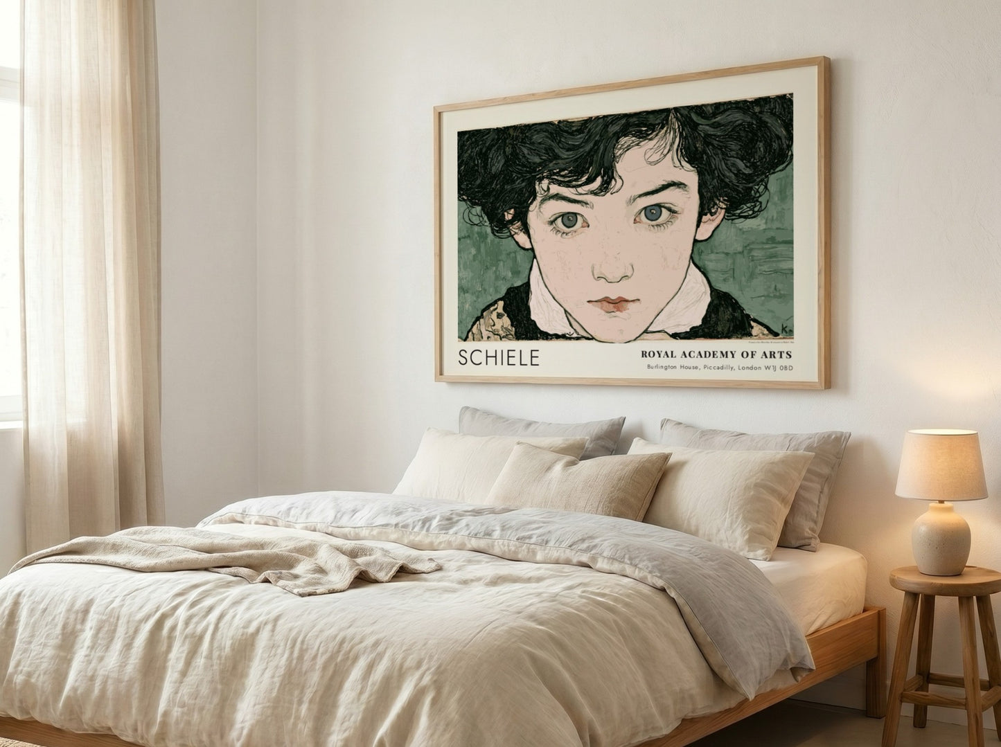 Wall art poster featuring Egon Schiele portrait with intense gaze and muted green background