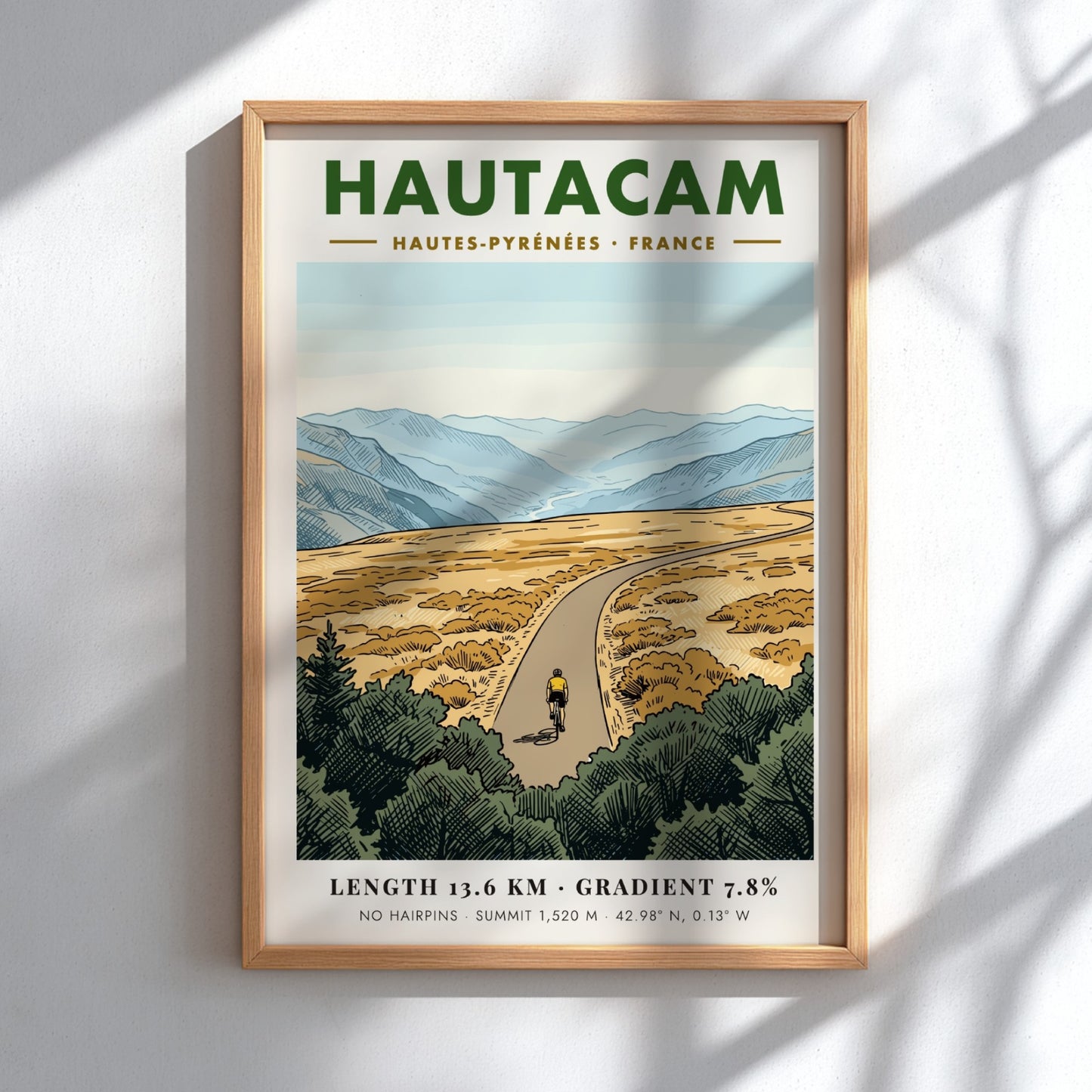 Poster of a lone cyclist riding up the Hautacam mountain in the French Pyrenees.