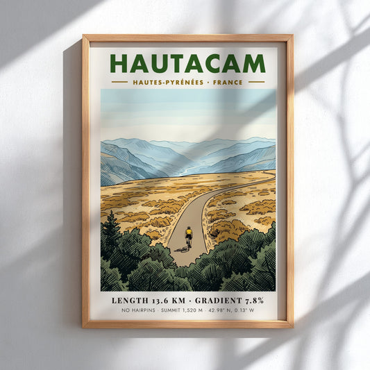 Poster of a lone cyclist riding up the Hautacam mountain in the French Pyrenees.
