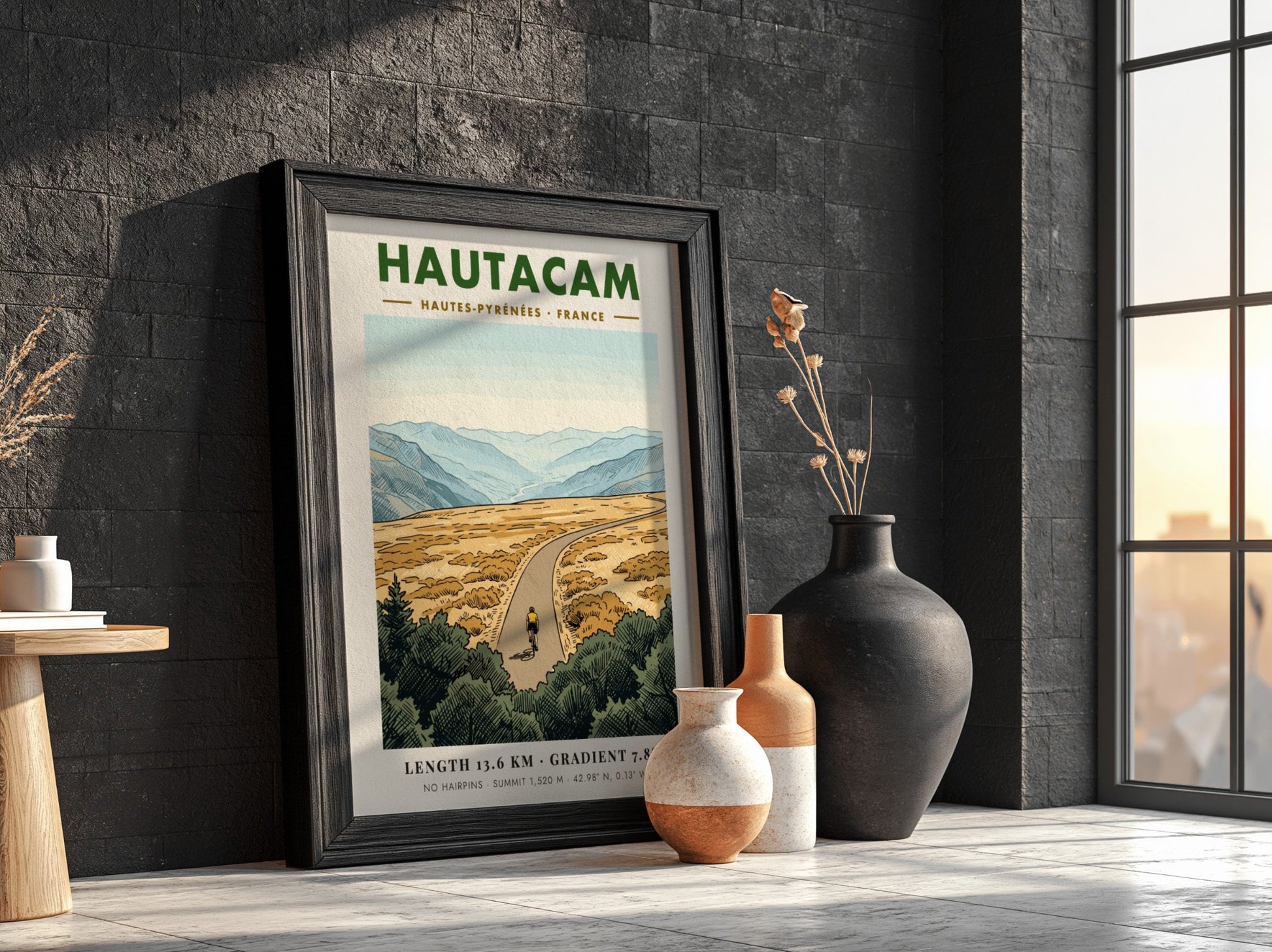 Poster of a lone cyclist riding up the Hautacam mountain in the French Pyrenees.