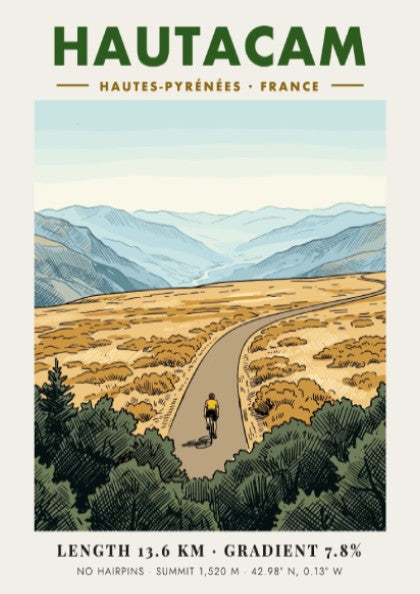 Poster of a lone cyclist riding up the Hautacam mountain in the French Pyrenees.