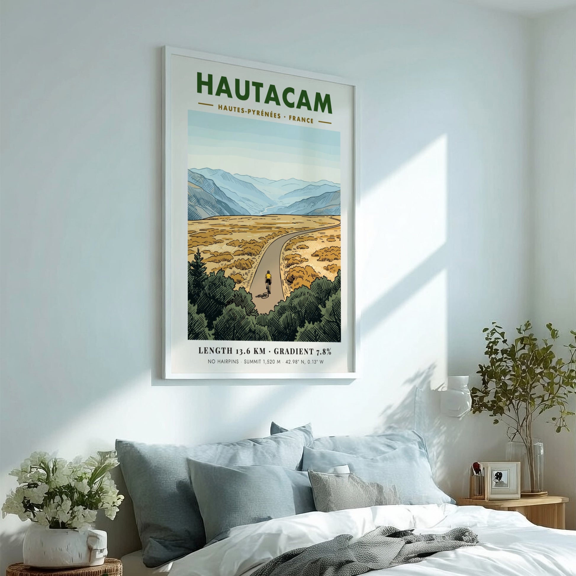 Poster of a lone cyclist riding up the Hautacam mountain in the French Pyrenees.