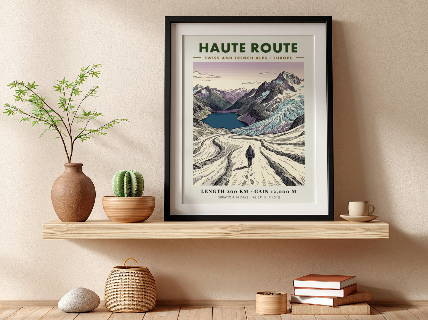 Poster of a hiker on the Haute Route trail in the Swiss Alps.