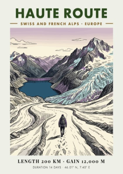 Poster of a hiker on the Haute Route trail in the Swiss Alps.