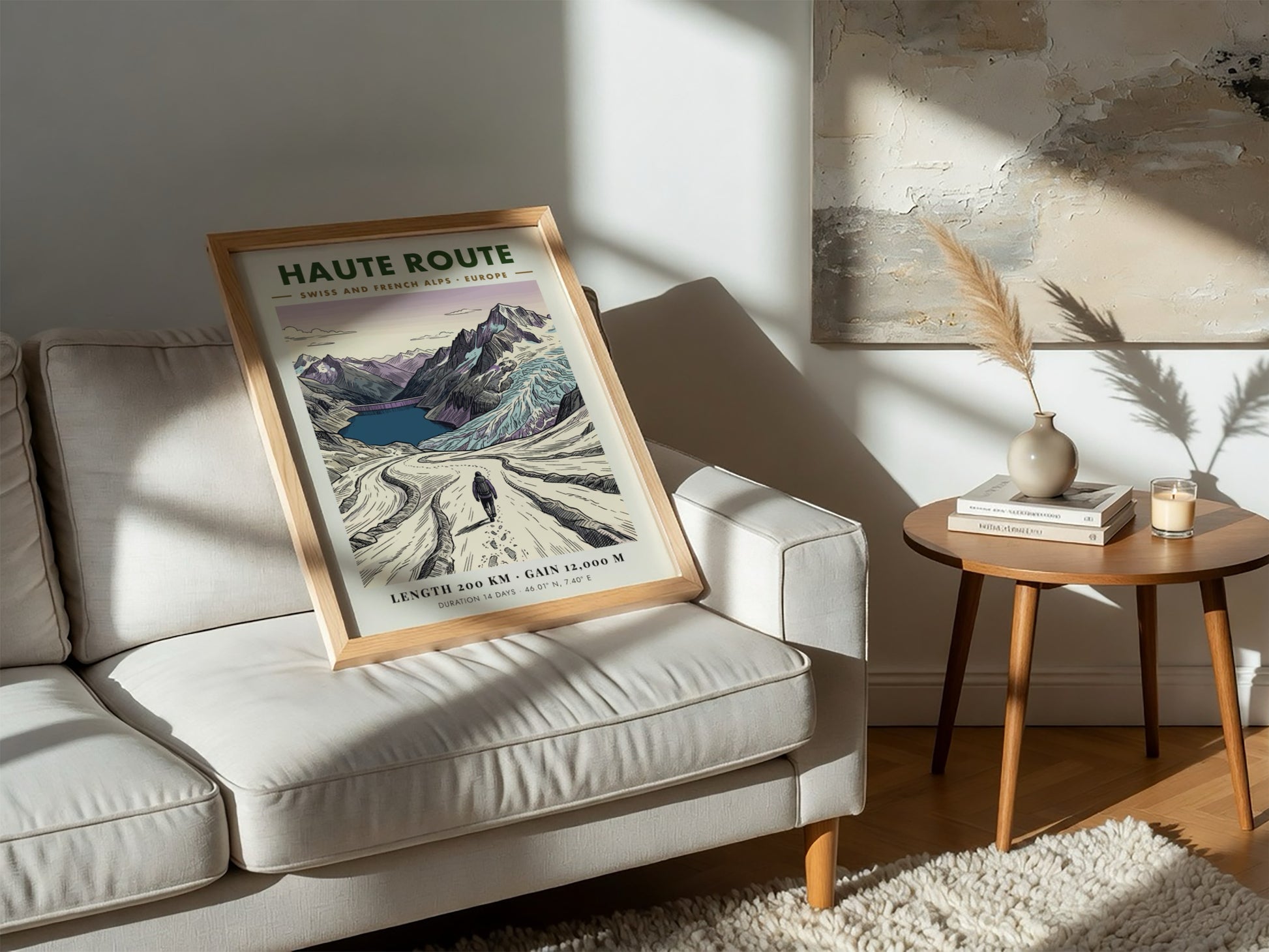 Poster of a hiker on the Haute Route trail in the Swiss Alps.