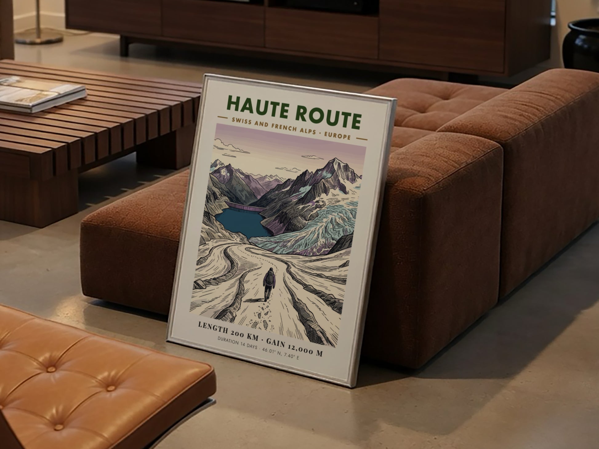 Poster of a hiker on the Haute Route trail in the Swiss Alps.