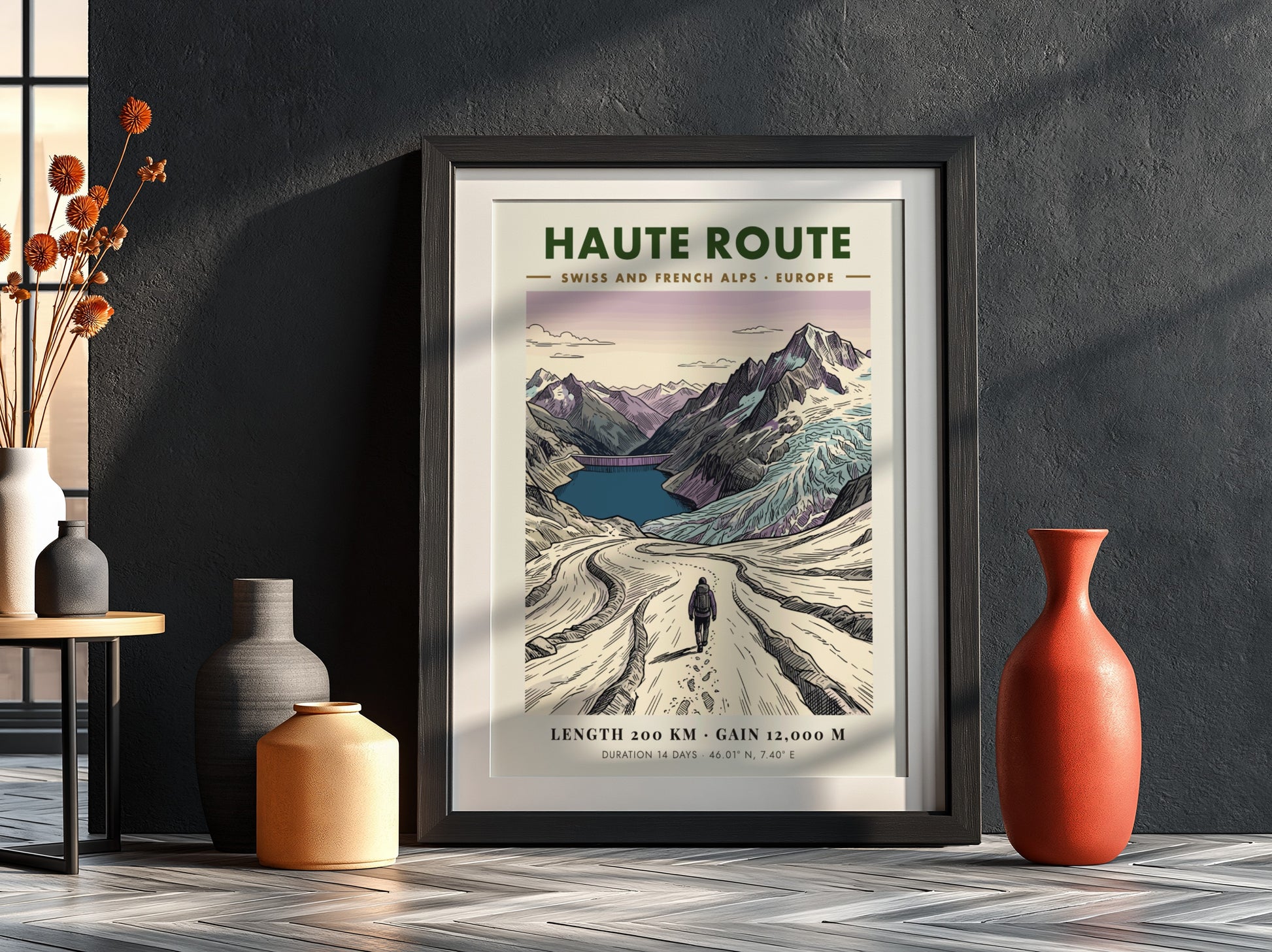 Poster of a hiker on the Haute Route trail in the Swiss Alps.