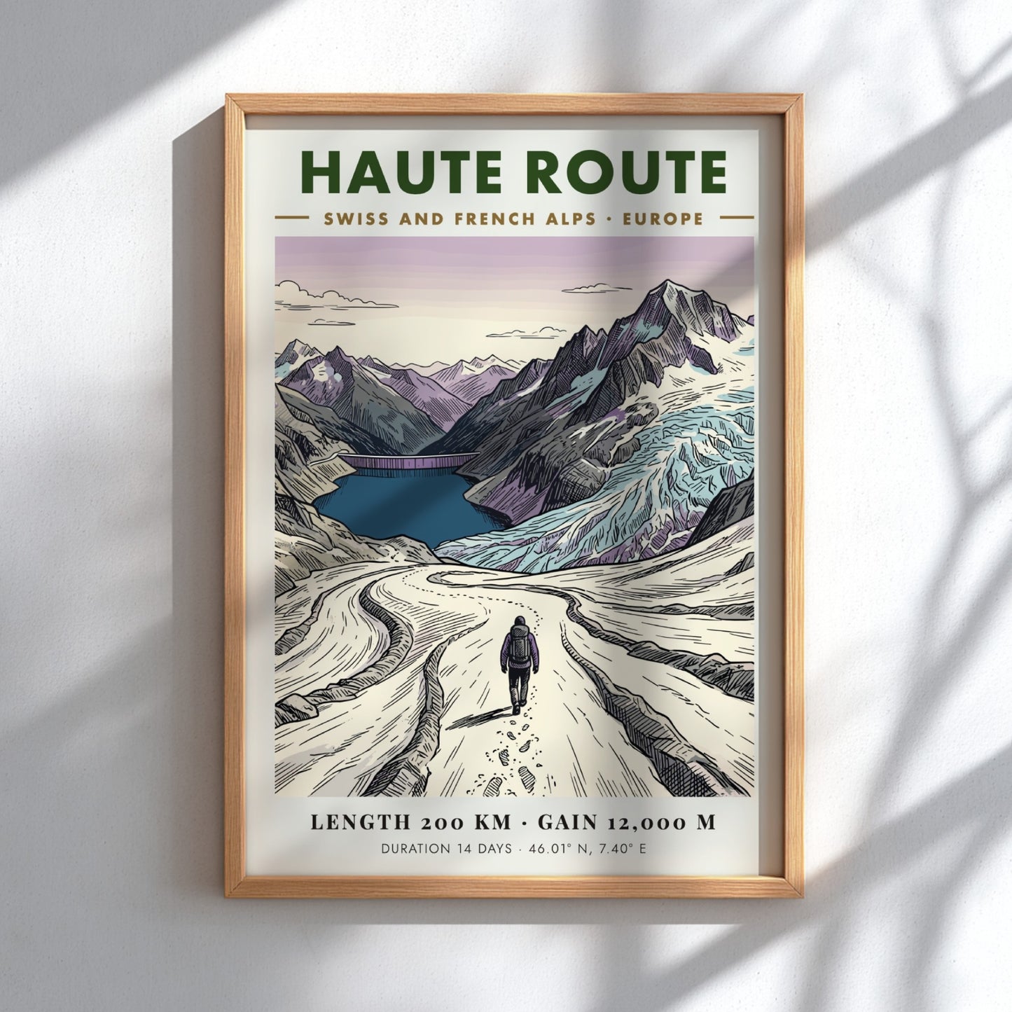 Poster of a hiker on the Haute Route trail in the Swiss Alps.