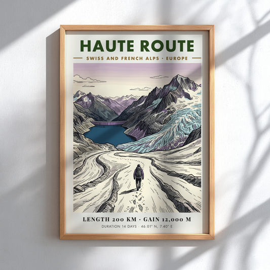 Poster of a hiker on the Haute Route trail in the Swiss Alps.