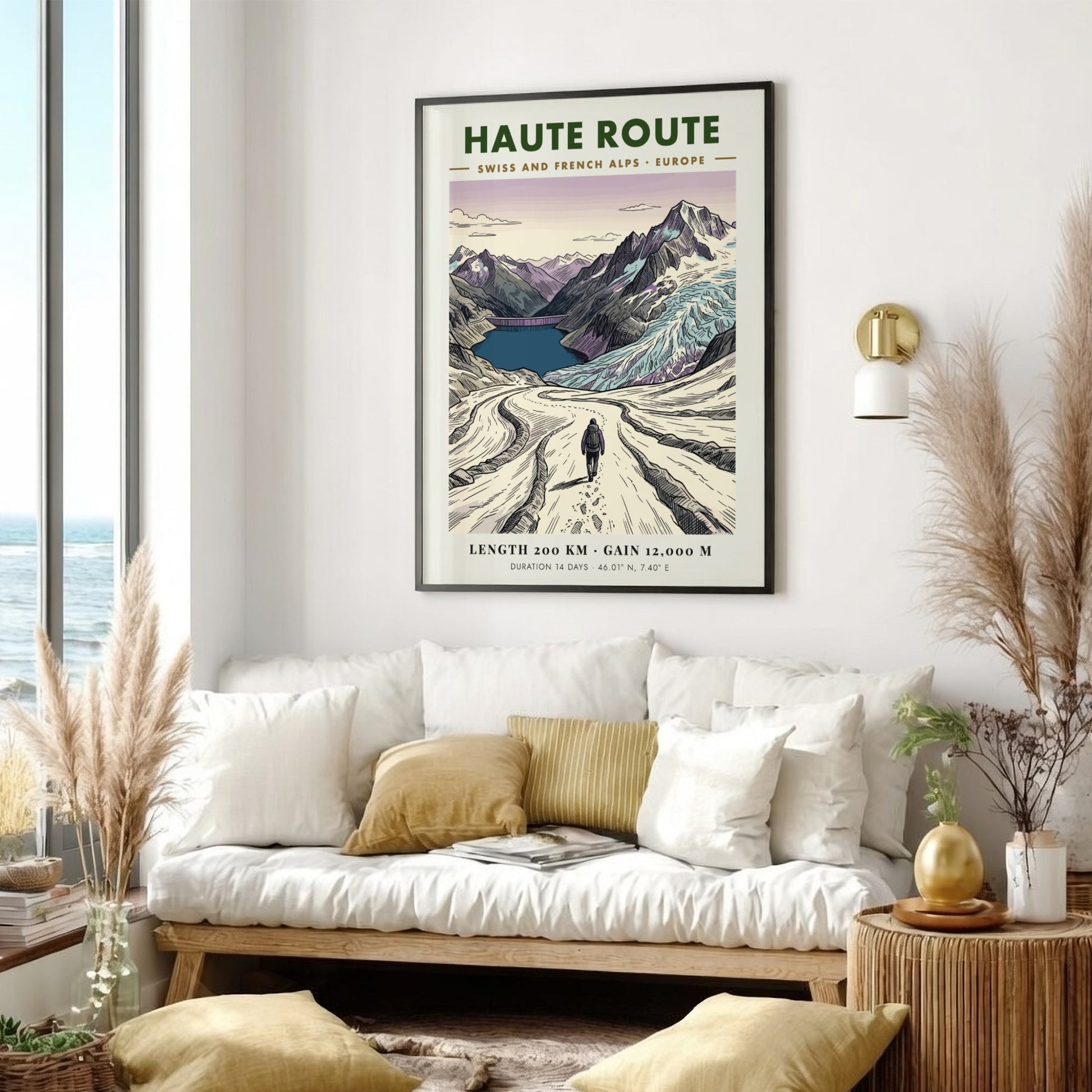 Poster of a hiker on the Haute Route trail in the Swiss Alps.