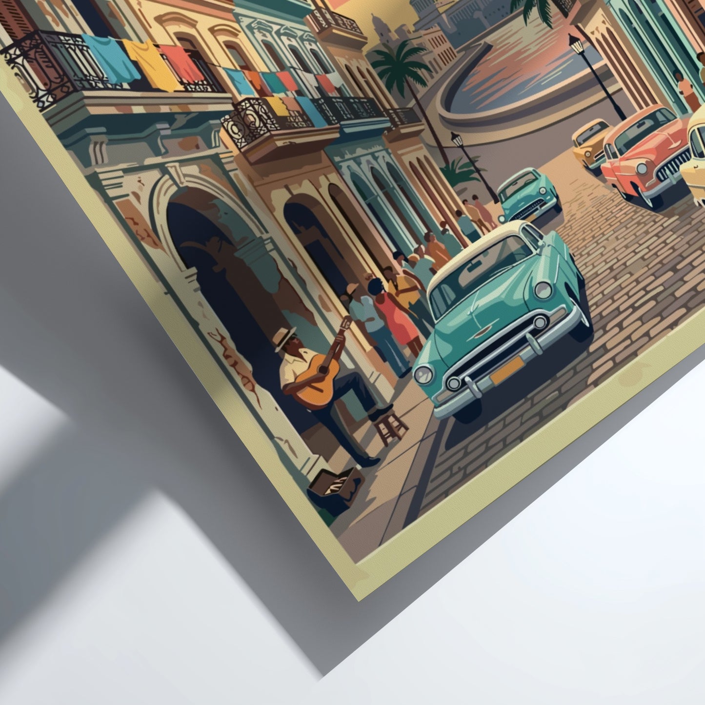 Travel poster of Havana Old Town featuring vintage cars and sunset over the city.