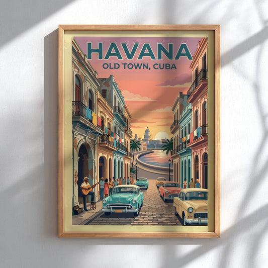 Travel poster of Havana Old Town featuring vintage cars and sunset over the city.
