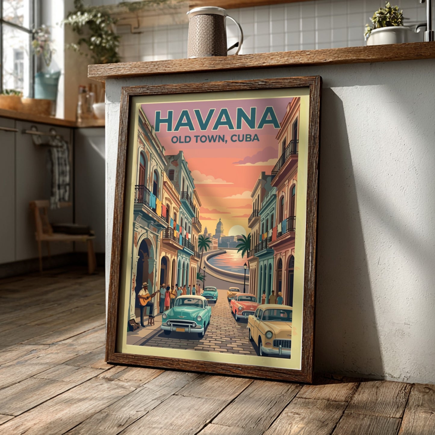 Travel poster of Havana Old Town featuring vintage cars and sunset over the city.