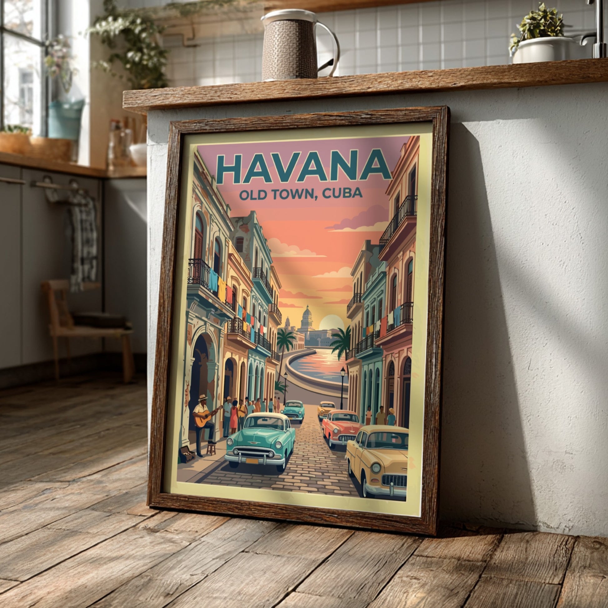 Travel poster of Havana Old Town featuring vintage cars and sunset over the city.