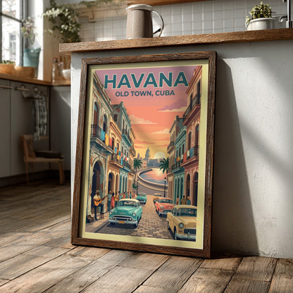 Travel poster of Havana Old Town featuring vintage cars and sunset over the city.
