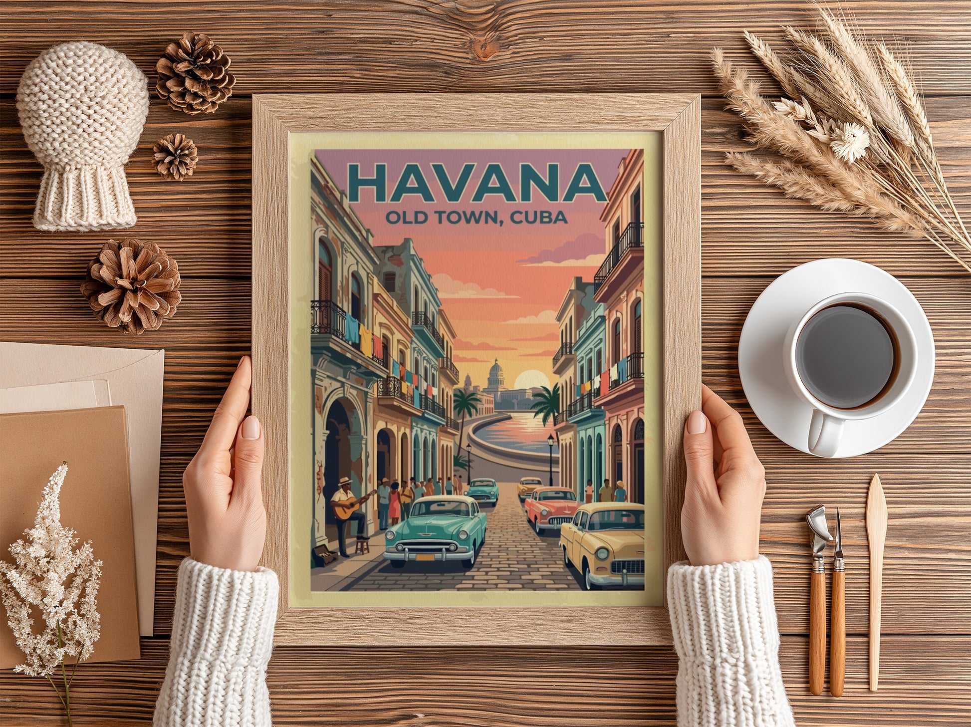Travel poster of Havana Old Town featuring vintage cars and sunset over the city.