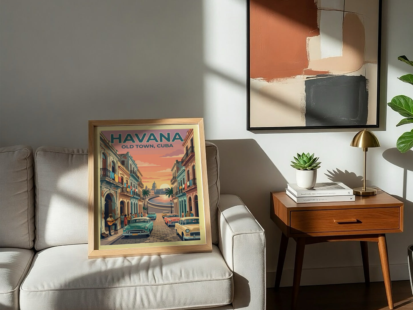 Travel poster of Havana Old Town featuring vintage cars and sunset over the city.