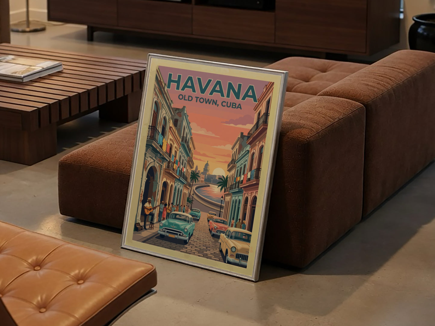 Travel poster of Havana Old Town featuring vintage cars and sunset over the city.