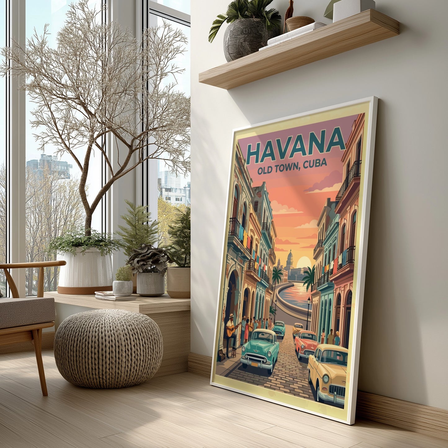 Travel poster of Havana Old Town featuring vintage cars and sunset over the city.