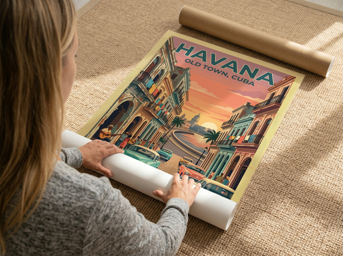 Travel poster of Havana Old Town featuring vintage cars and sunset over the city.