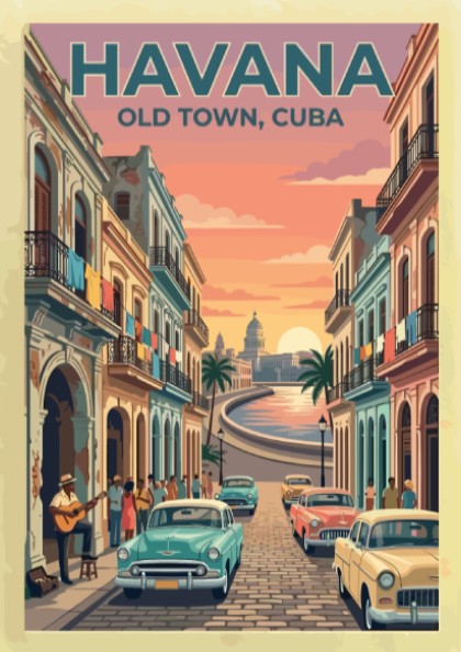 Travel poster of Havana Old Town featuring vintage cars and sunset over the city.